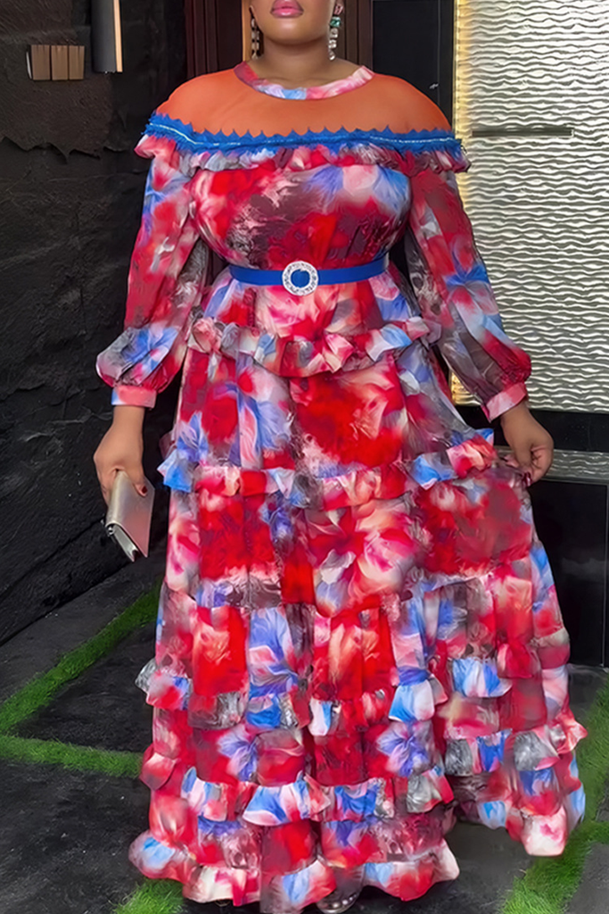 Elegant Print With Belt Hot Drill Contrast O Neck Long Plus Size Dresses