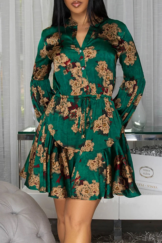 Casual Daily Print Buttons Belted V Neck Long Sleeve Dresses