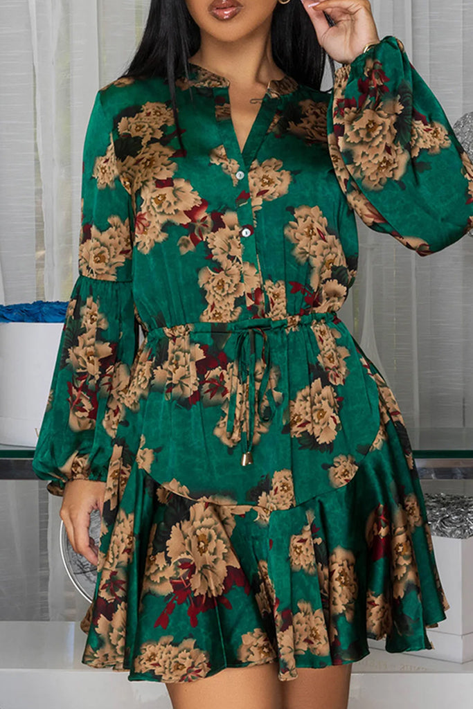 Casual Daily Print Buttons Belted V Neck Long Sleeve Dresses