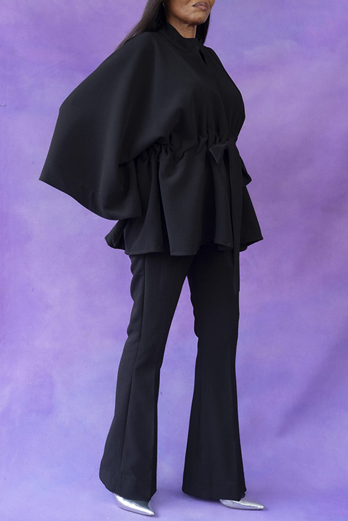 Casual Solid Color Belted V Neck Long Sleeve Two Pieces