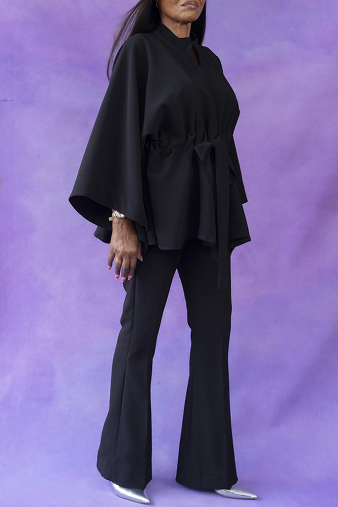 Casual Solid Color Belted V Neck Long Sleeve Two Pieces