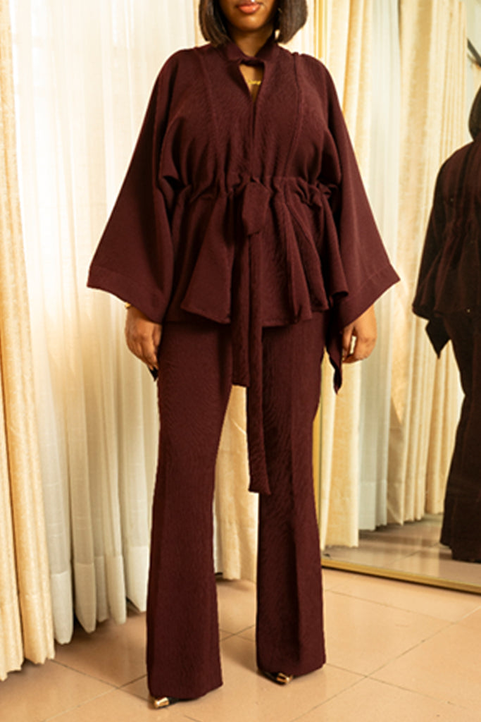 Casual Solid Color Belted V Neck Long Sleeve Two Pieces