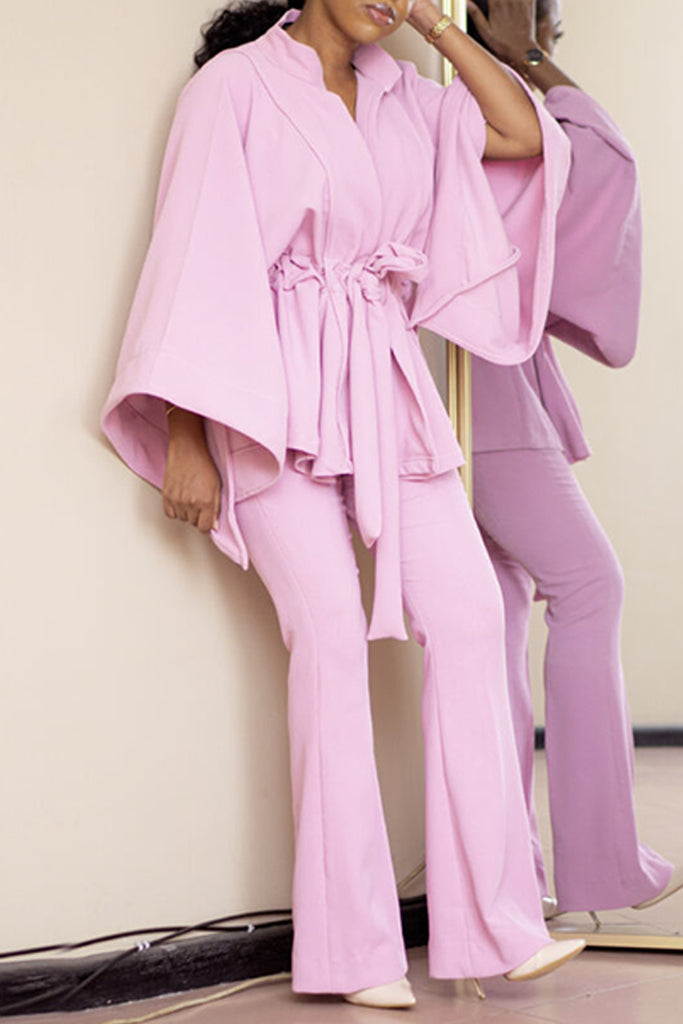 Casual Solid Color Belted V Neck Long Sleeve Two Pieces
