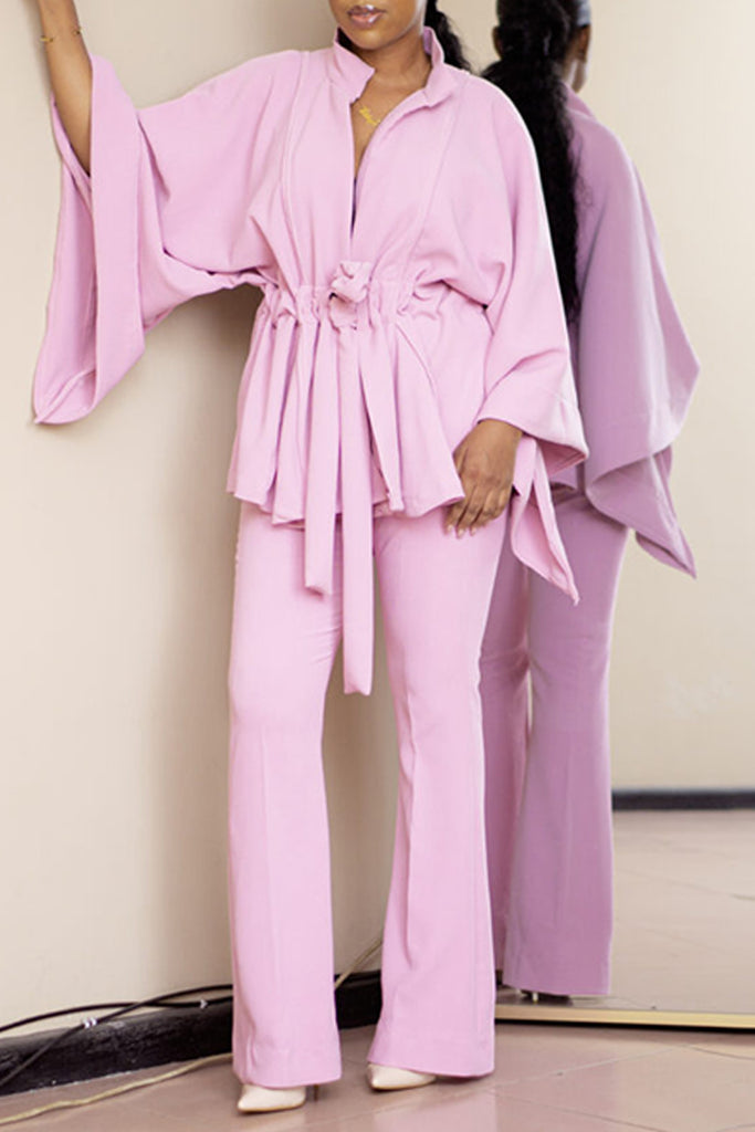 Casual Solid Color Belted V Neck Long Sleeve Two Pieces