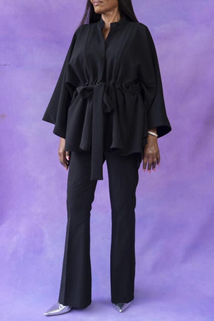 Casual Solid Color Belted V Neck Long Sleeve Two Pieces