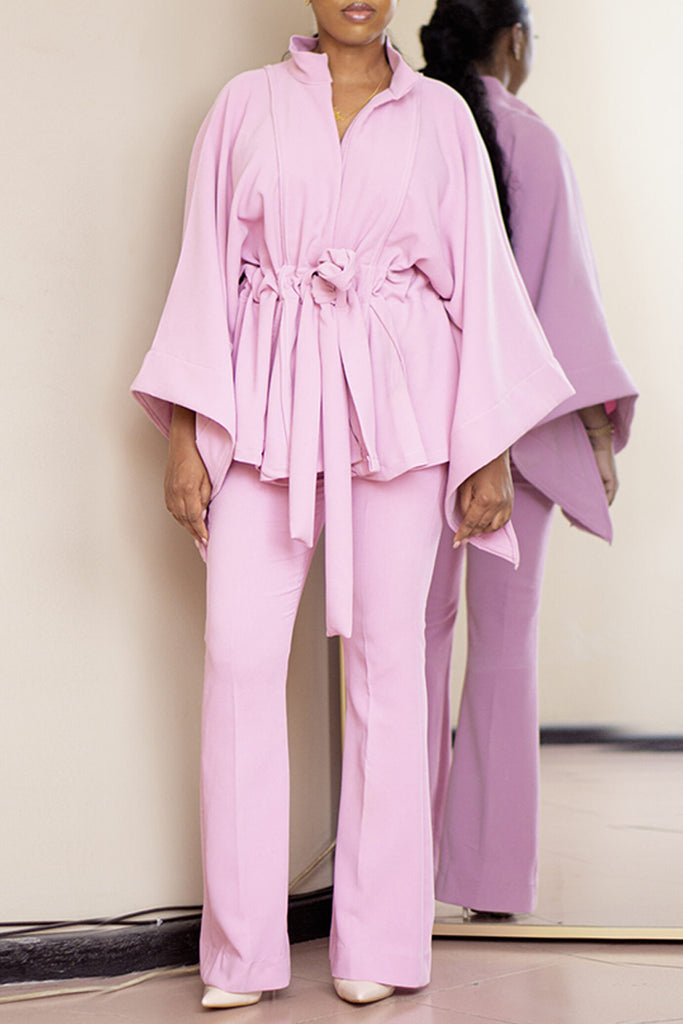 Casual Solid Color Belted V Neck Long Sleeve Two Pieces