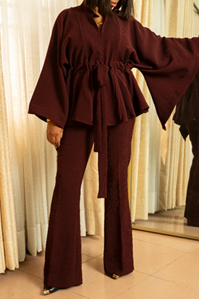 Casual Solid Color Belted V Neck Long Sleeve Two Pieces