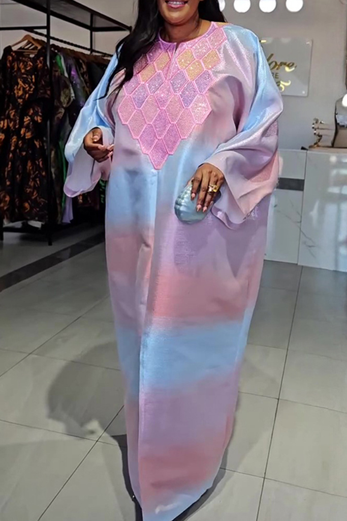 Casual Gradient Hot Drill O Neck Long Dresses