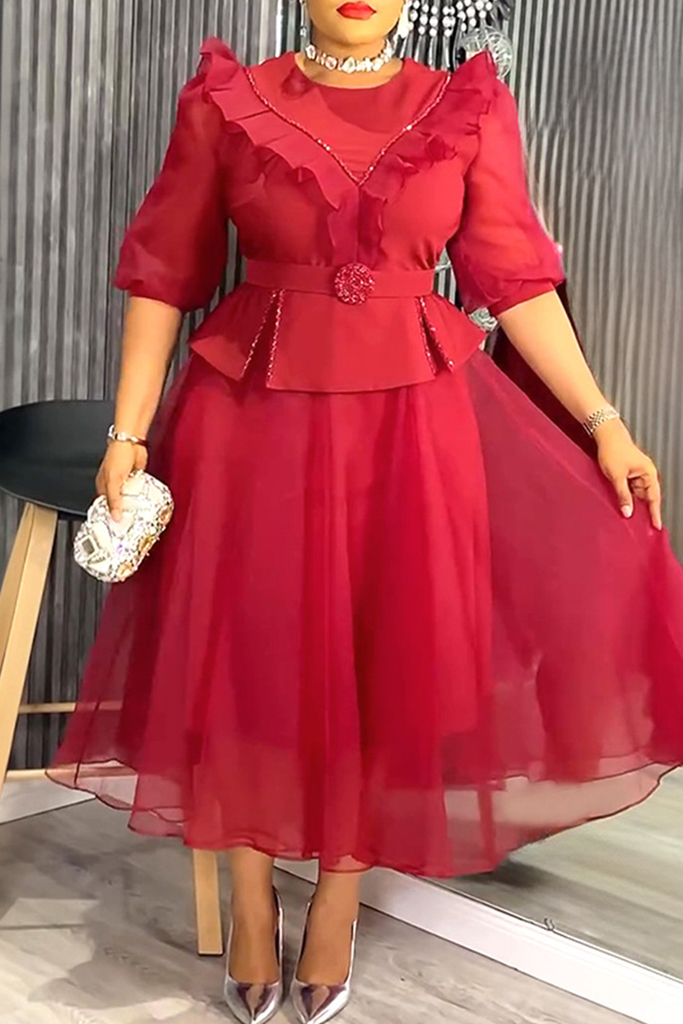 Elegant Solid Color With Belt Mesh O Neck A Line Plus Size Dresses