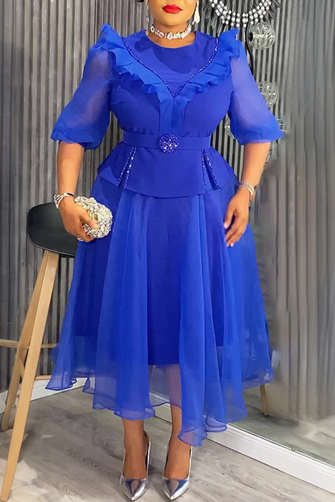 Elegant Solid Color With Belt Mesh O Neck A Line Plus Size Dresses