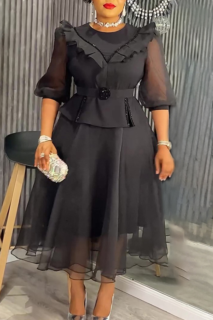 Elegant Solid Color With Belt Mesh O Neck A Line Plus Size Dresses
