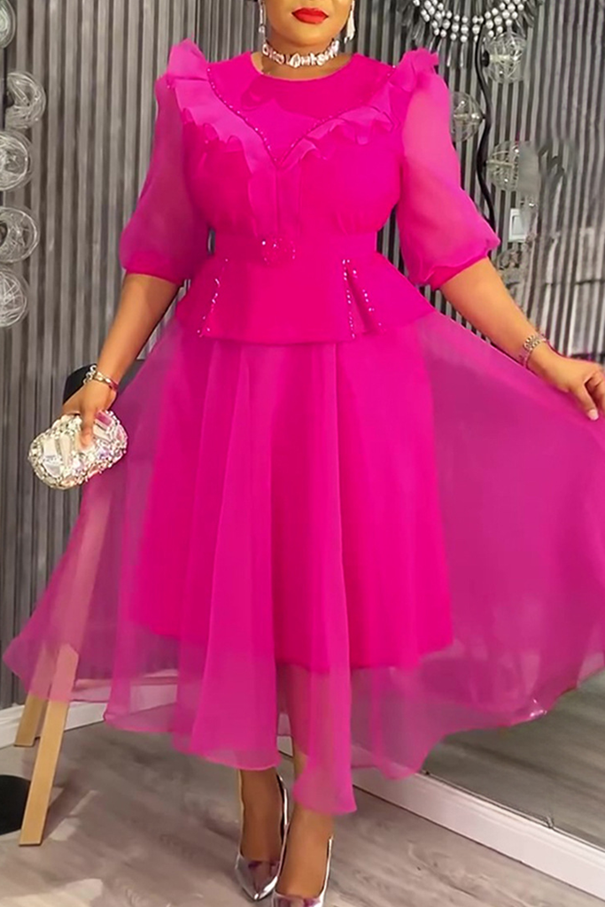 Elegant Solid Color With Belt Mesh O Neck A Line Plus Size Dresses