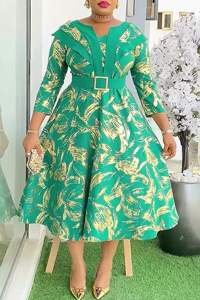 Elegant Print With Belt Asymmetrical Collar A Line Plus Size Dresses