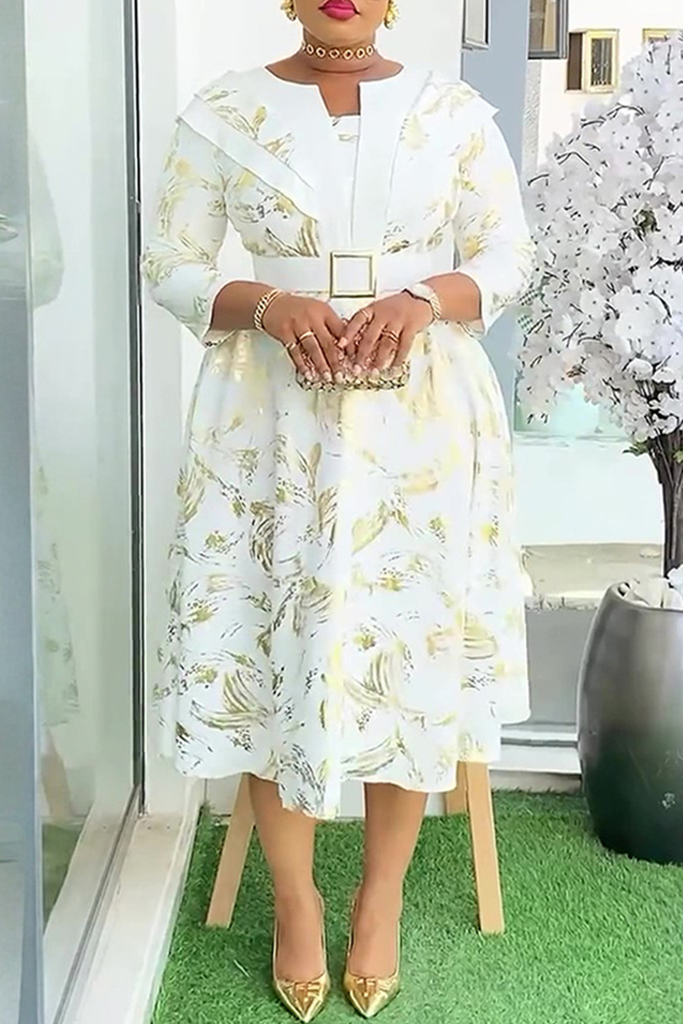 Elegant Print With Belt Asymmetrical Collar A Line Plus Size Dresses