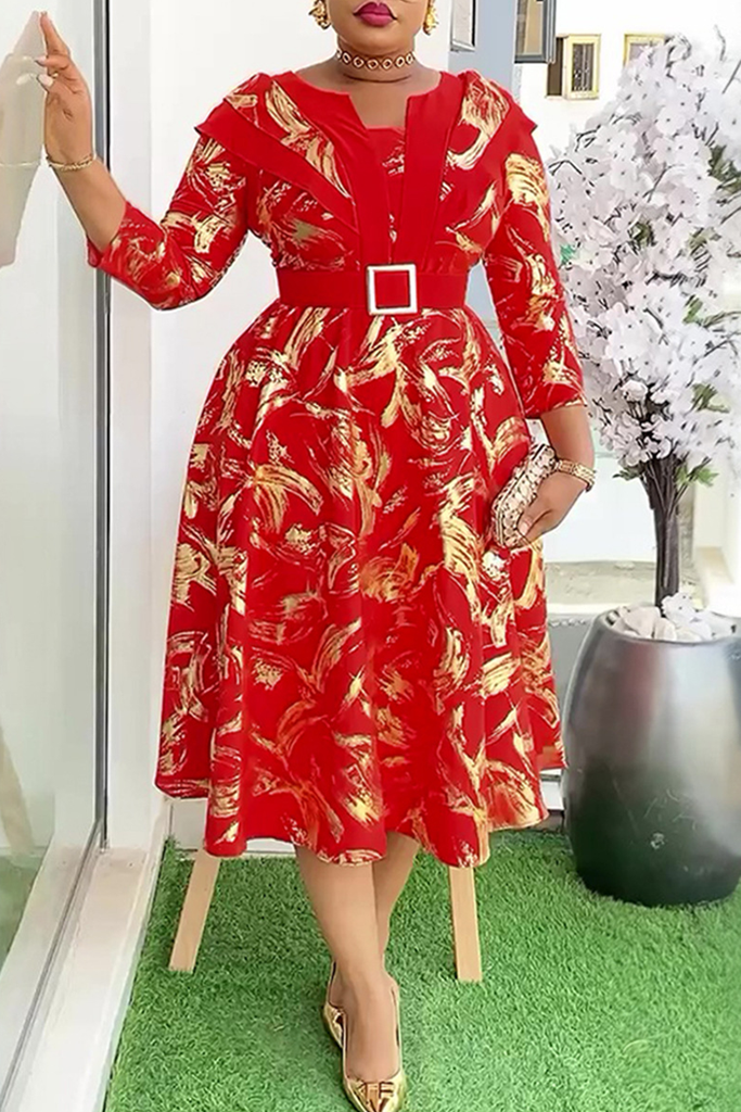 Elegant Print With Belt Asymmetrical Collar A Line Plus Size Dresses