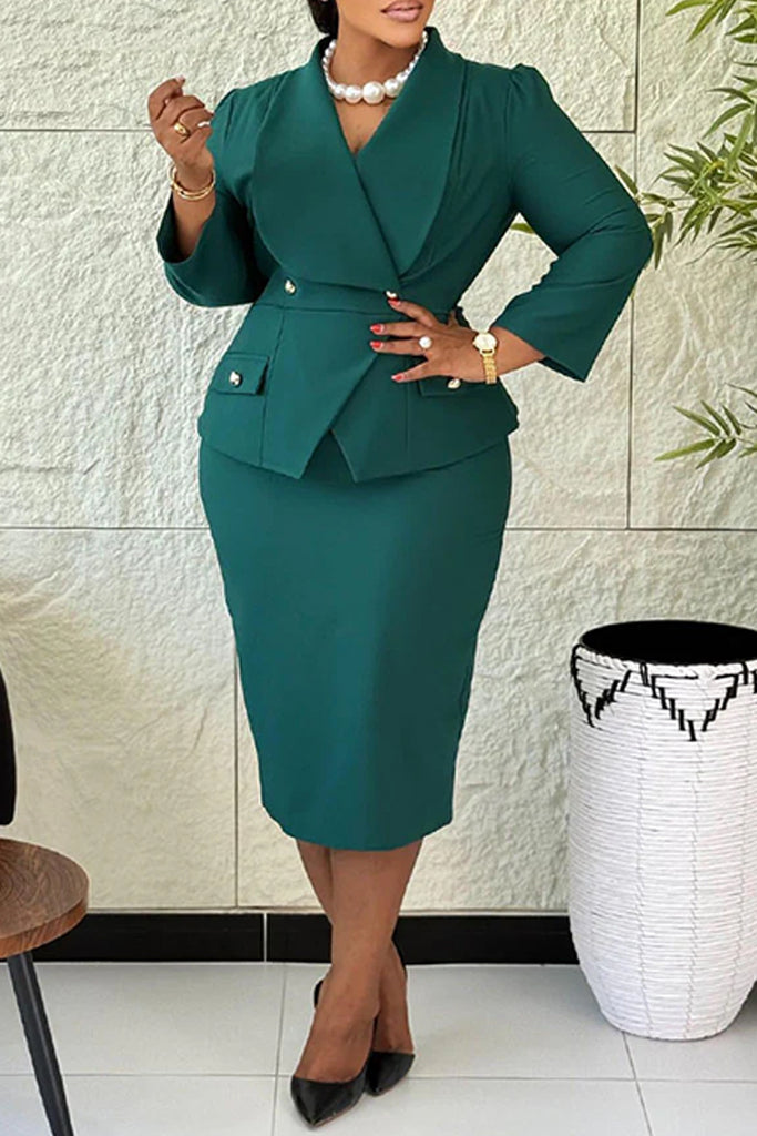 Business Wear Daily Solid Color Buttons Turndown Collar Long Sleeve Two Pieces