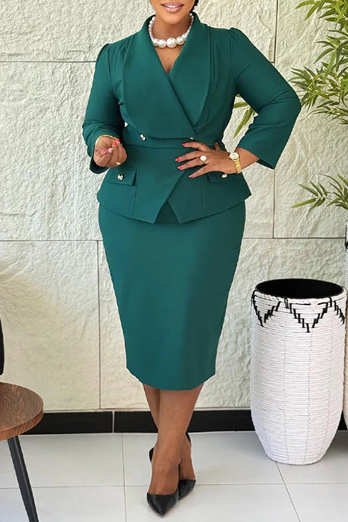 Business Wear Daily Solid Color Buttons Turndown Collar Long Sleeve Two Pieces