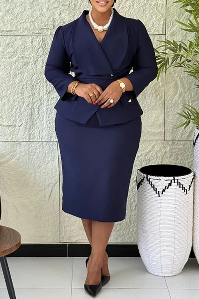 Business Wear Daily Solid Color Buttons Turndown Collar Long Sleeve Two Pieces