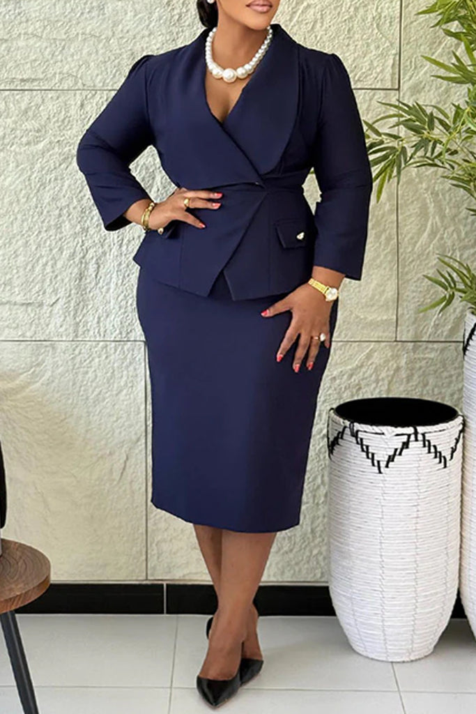 Business Wear Daily Solid Color Buttons Turndown Collar Long Sleeve Two Pieces