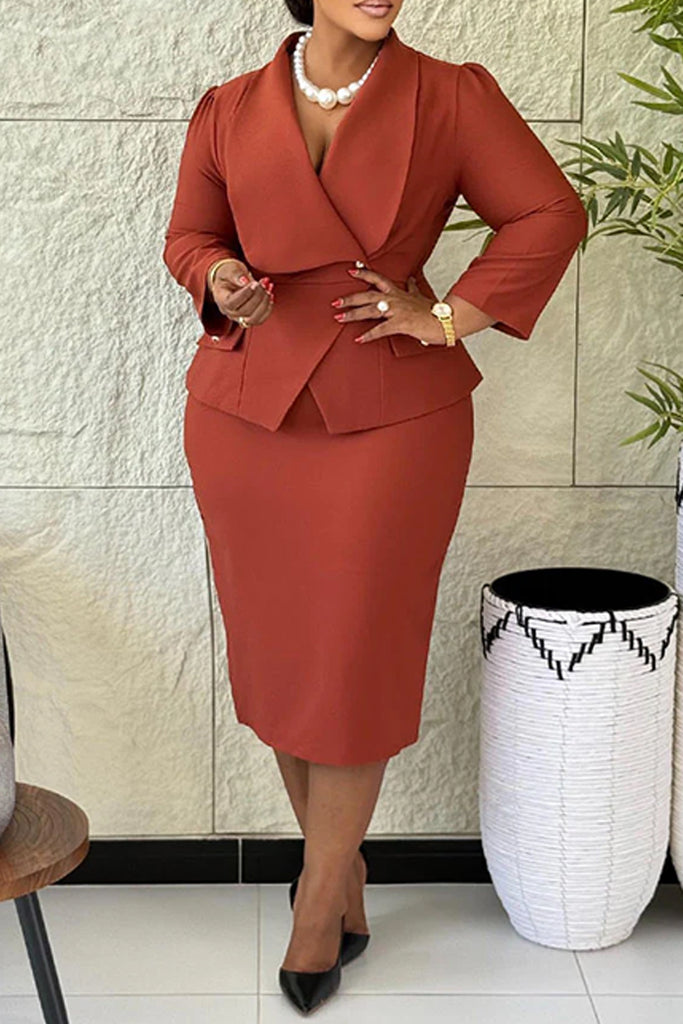Business Wear Daily Solid Color Buttons Turndown Collar Long Sleeve Two Pieces