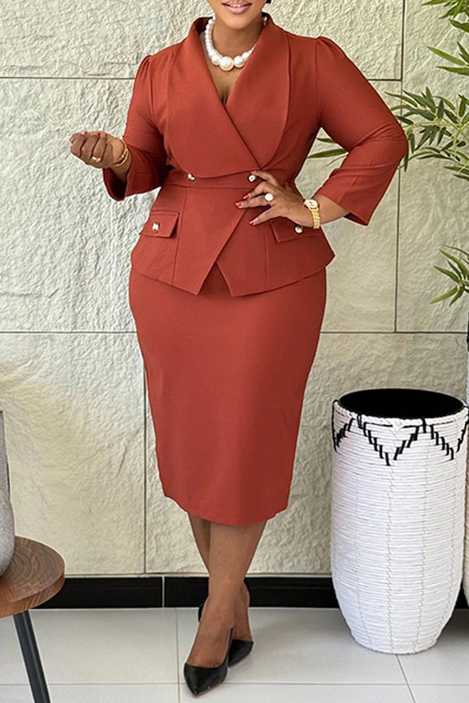 Business Wear Daily Solid Color Buttons Turndown Collar Long Sleeve Two Pieces