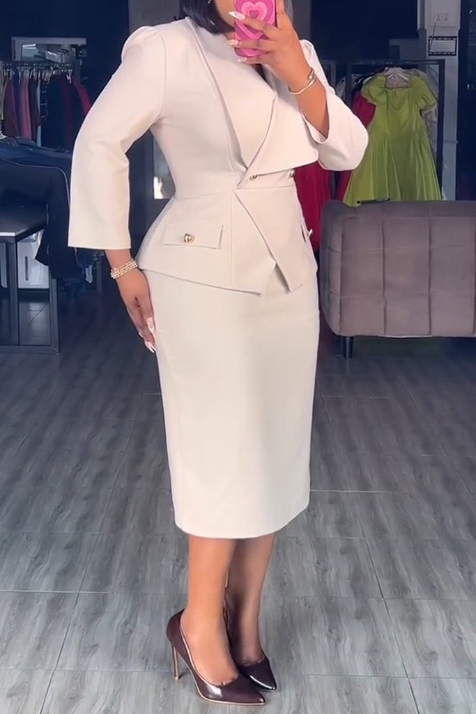 Business Wear Daily Solid Color Buttons Turndown Collar Long Sleeve Two Pieces