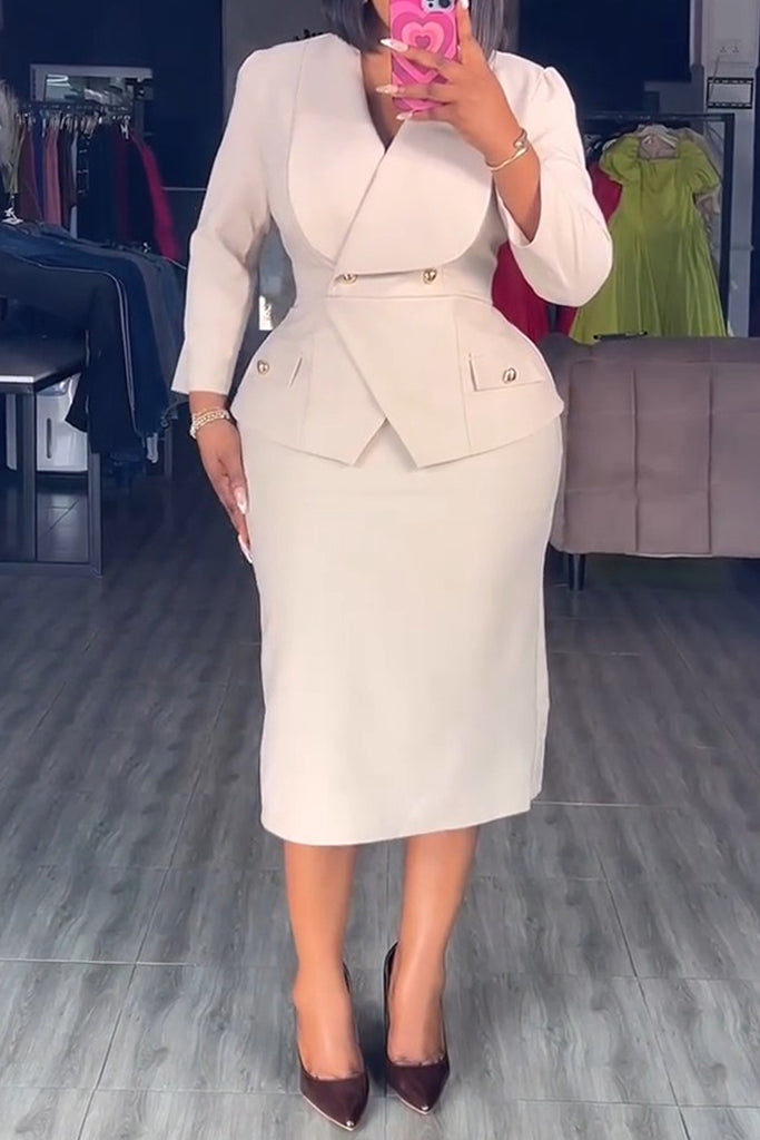Business Wear Daily Solid Color Buttons Turndown Collar Long Sleeve Two Pieces