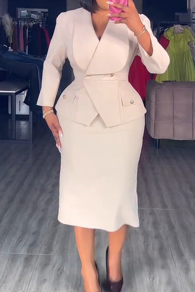 Business Wear Daily Solid Color Buttons Turndown Collar Long Sleeve Two Pieces