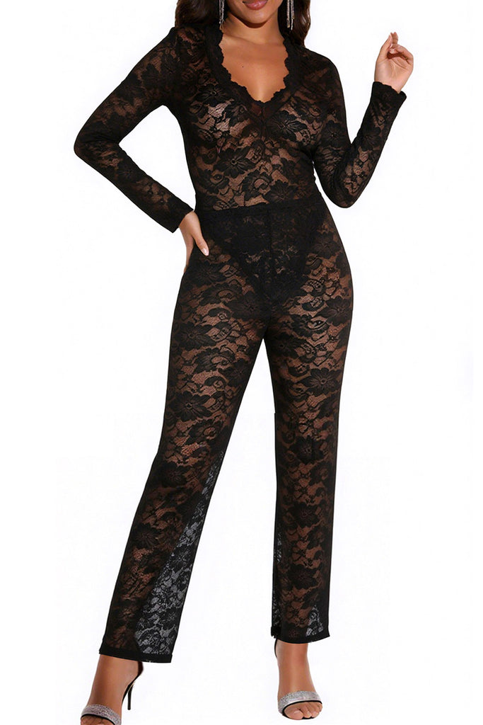 Sexy Solid Color Lace See-Through V Neck Long Sleeve Two Pieces