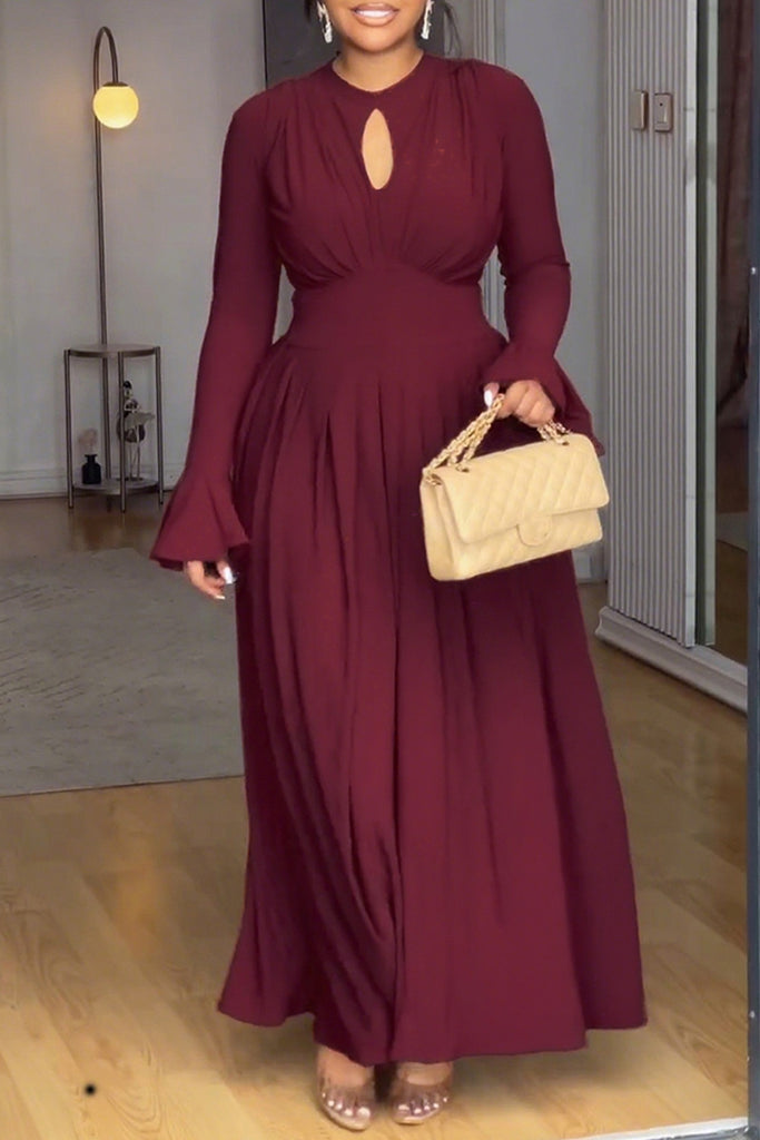 Elegant Solid Color Hollow Out O Neck Long Dresses