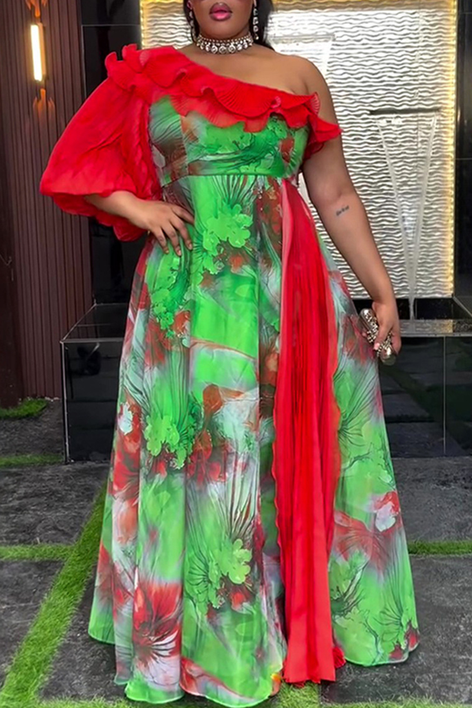 Elegant Print Flounce Oblique Collar Long Plus Size Dresses