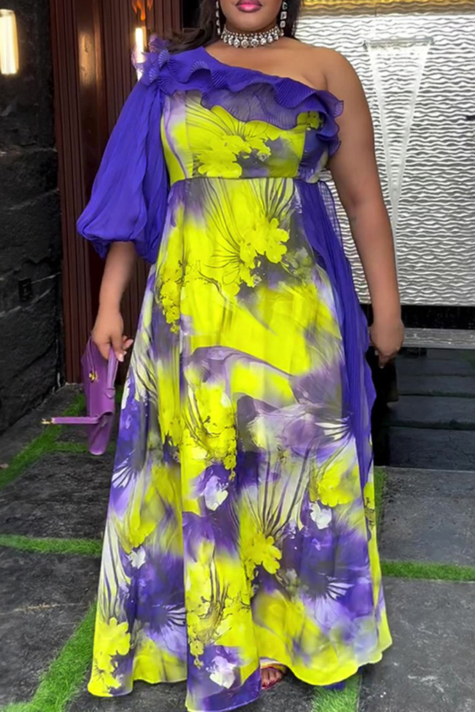 Elegant Print Flounce Oblique Collar Long Plus Size Dresses