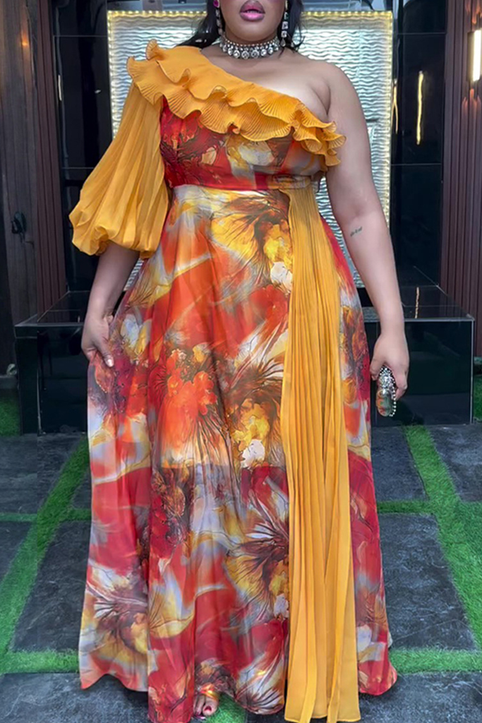 Elegant Print Flounce Oblique Collar Long Plus Size Dresses