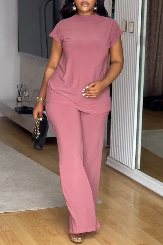 Casual Daily Solid Color Slit Half A Turtleneck Short Sleeve Two Pieces