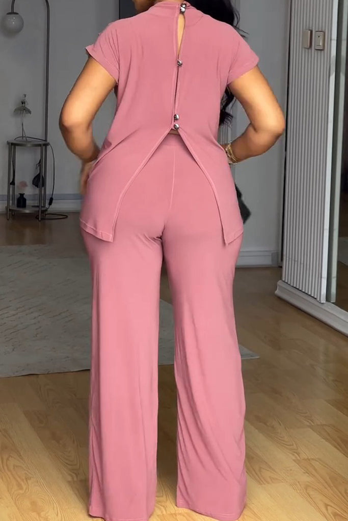 Casual Daily Solid Color Slit Half A Turtleneck Short Sleeve Two Pieces