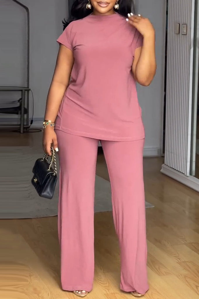 Casual Daily Solid Color Slit Half A Turtleneck Short Sleeve Two Pieces