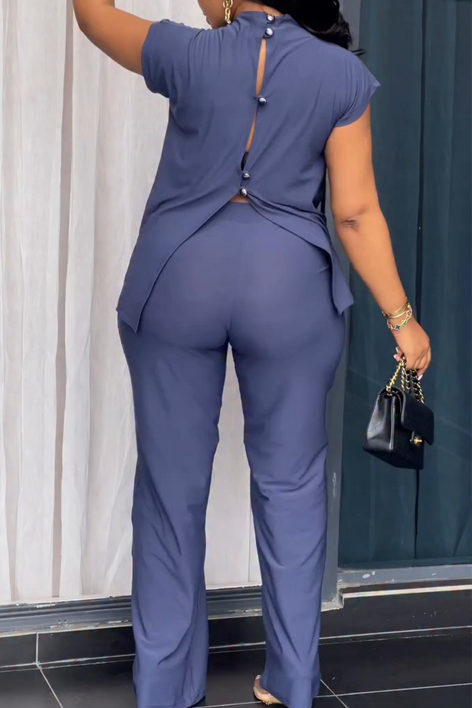 Casual Daily Solid Color Slit Half A Turtleneck Short Sleeve Two Pieces