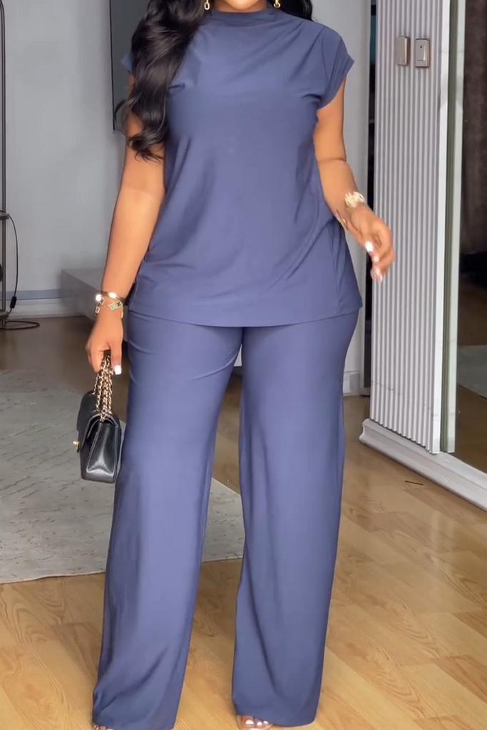 Casual Daily Solid Color Slit Half A Turtleneck Short Sleeve Two Pieces