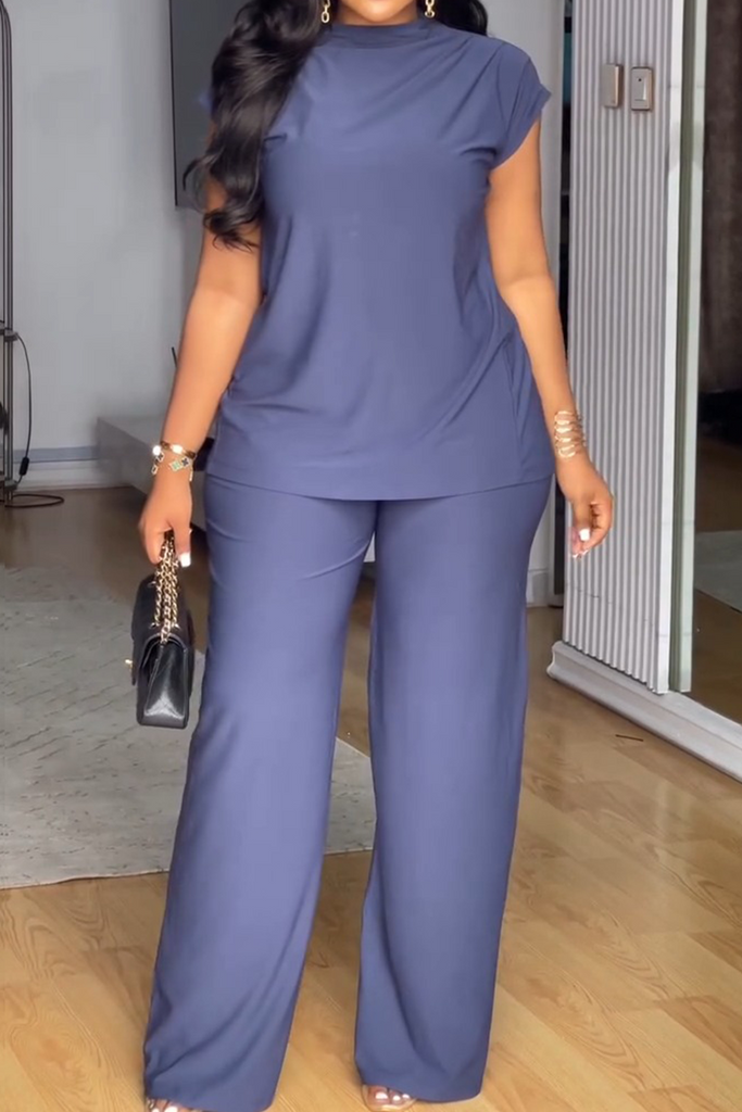 Casual Daily Solid Color Slit Half A Turtleneck Short Sleeve Two Pieces