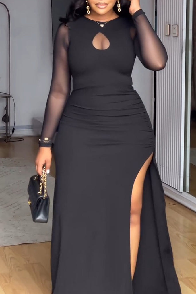 Sexy Formal Elegant Solid Color Patchwork See-Through Slit O Neck Long Dresses