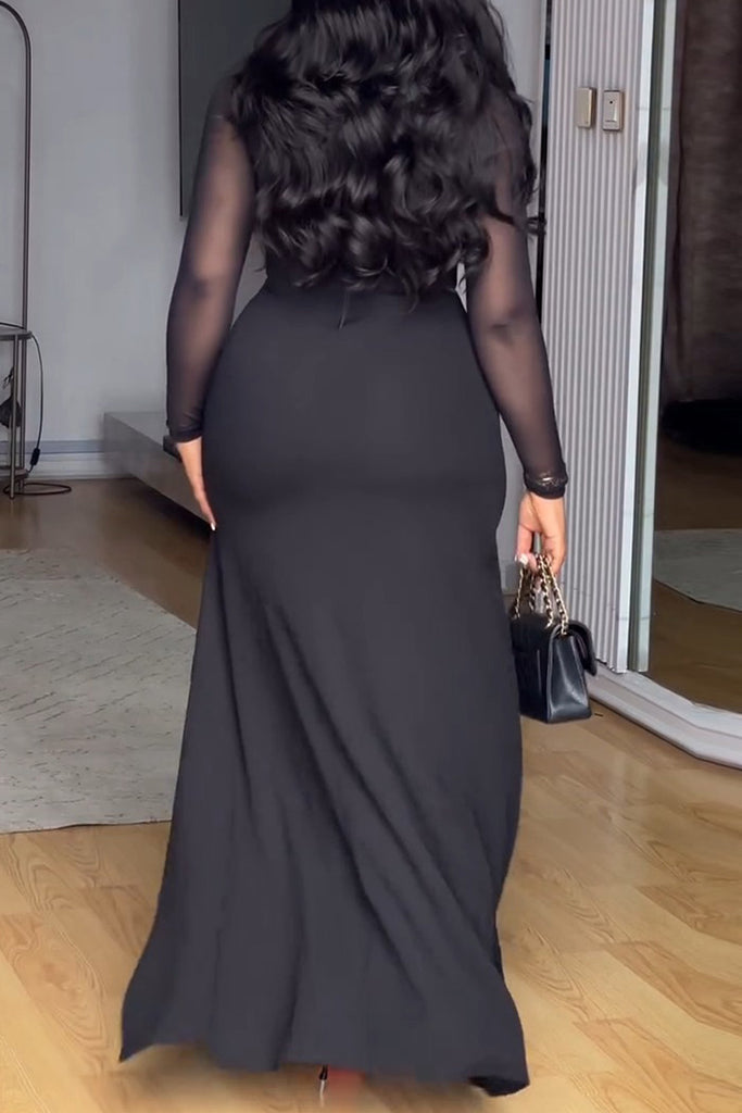 Sexy Formal Elegant Solid Color Patchwork See-Through Slit O Neck Long Dresses