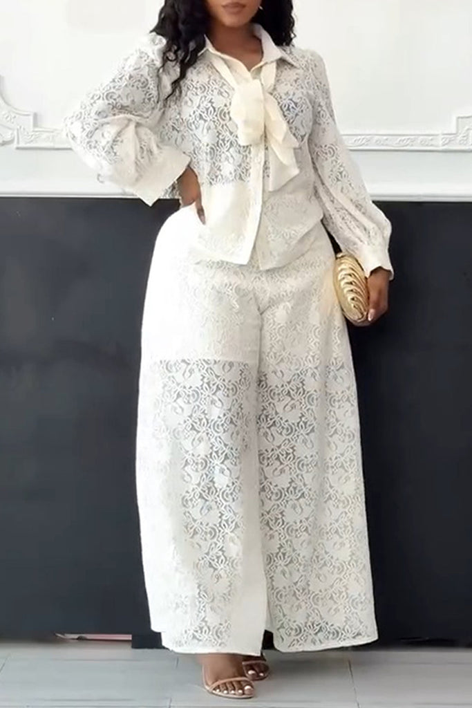 Daily Elegant Solid Color Buttons Patchwork See-Through Turndown Collar Long Sleeve Two Pieces