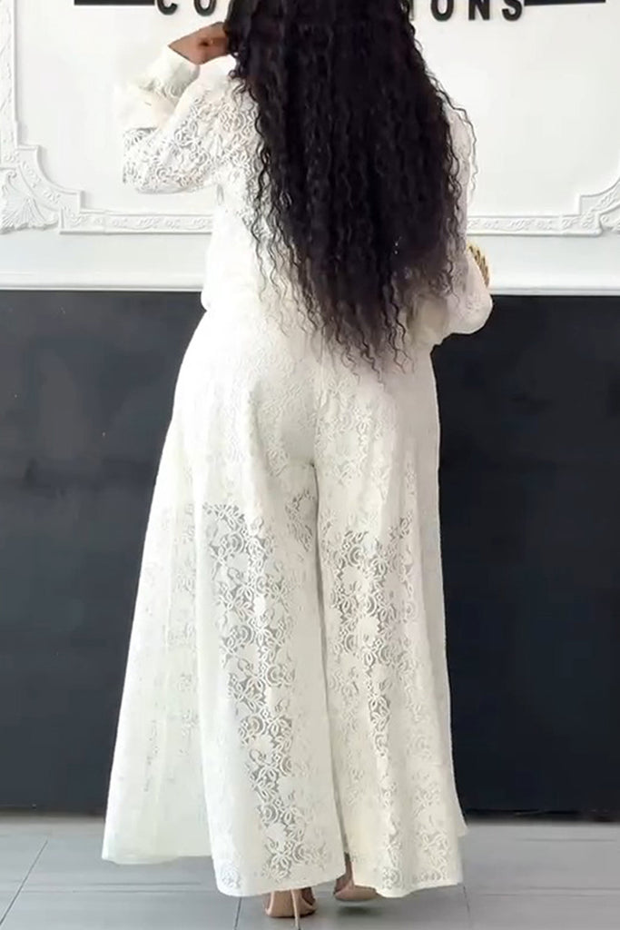 Daily Elegant Solid Color Buttons Patchwork See-Through Turndown Collar Long Sleeve Two Pieces