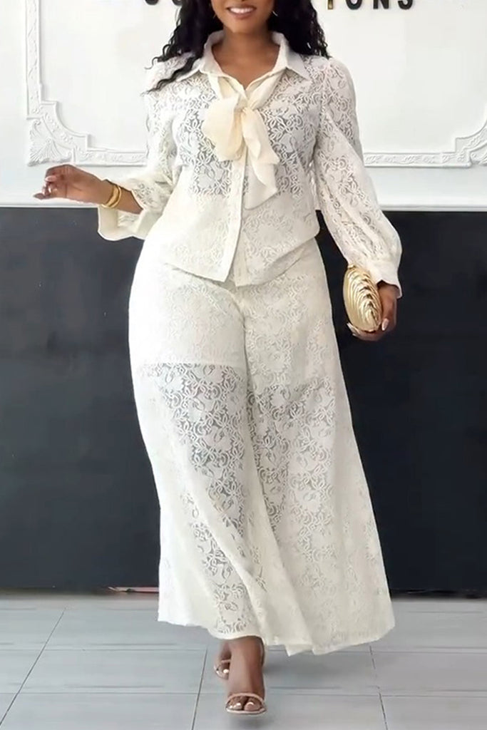 Daily Elegant Solid Color Buttons Patchwork See-Through Turndown Collar Long Sleeve Two Pieces