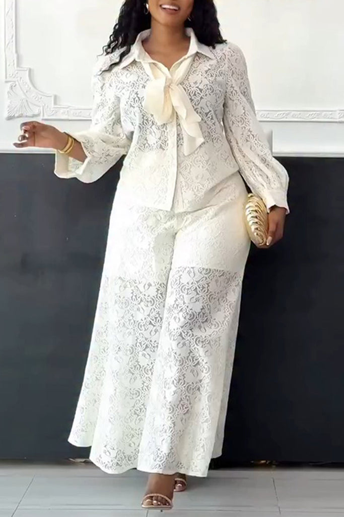 Daily Elegant Solid Color Buttons Patchwork See-Through Turndown Collar Long Sleeve Two Pieces