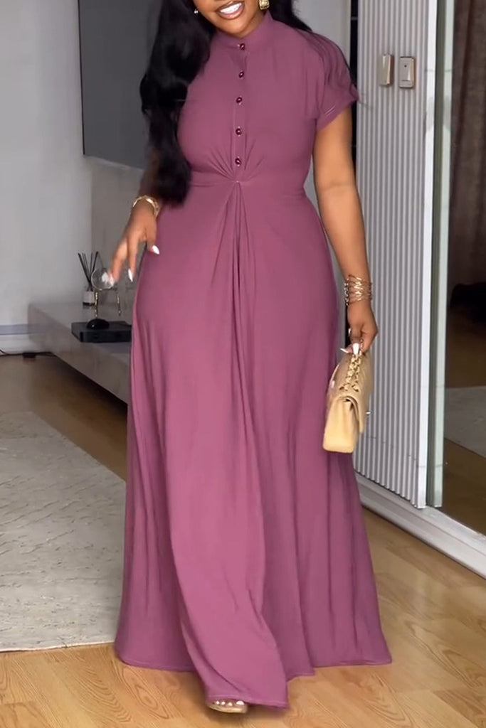 Casual Daily Solid Color Buttons Half A Turtleneck Long Dresses