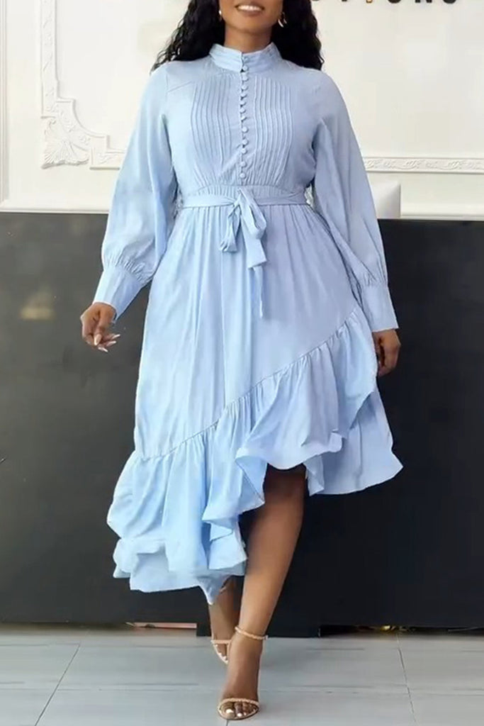 Casual Daily Elegant Solid Color Ruffle Irregular Hem Shirt Collar Irregular Dresses