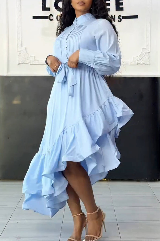 Casual Daily Elegant Solid Color Ruffle Irregular Hem Shirt Collar Irregular Dresses