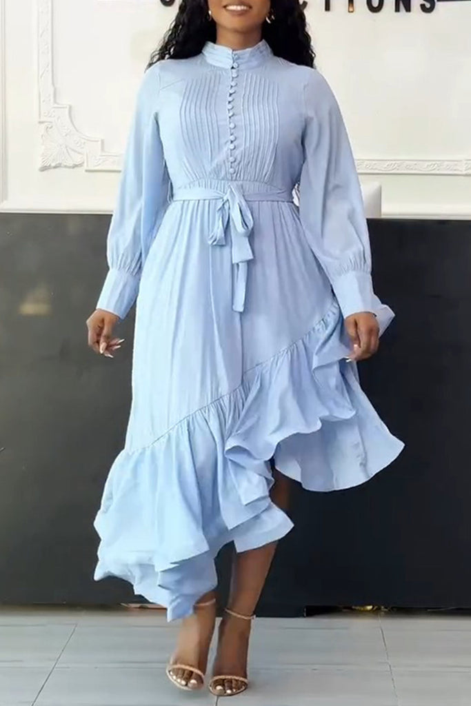 Casual Daily Elegant Solid Color Ruffle Irregular Hem Shirt Collar Irregular Dresses