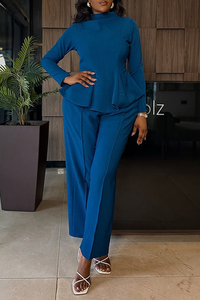 Casual Daily Solid Color Ruffle Hem Half A Turtleneck Long Sleeve Two Pieces